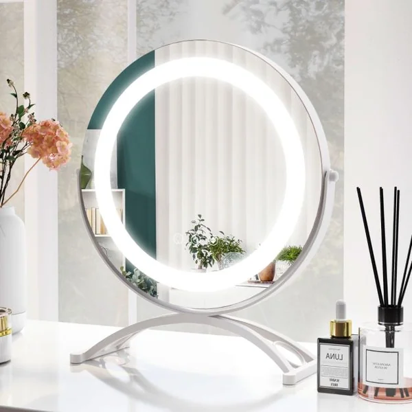 Miroir Maquillage Rond Lumière LED Réglable 30CM Écran Tactile Rotation à 360° Fonction Mémoire Support en Métal