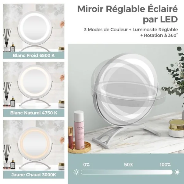 Miroir Maquillage Rond Lumière LED Réglable 30CM Écran Tactile Rotation à 360° Fonction Mémoire Support en Métal