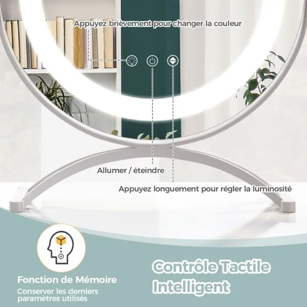 Miroir Maquillage Rond Lumière LED Réglable 30CM Écran Tactile Rotation à 360° Fonction Mémoire Support en Métal