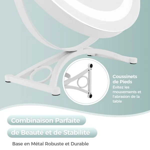 Miroir Maquillage Rond Lumière LED Réglable 30CM Écran Tactile Rotation à 360° Fonction Mémoire Support en Métal