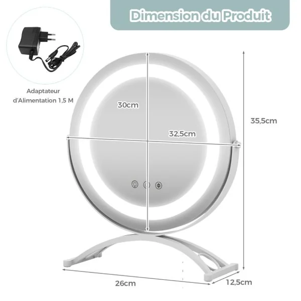 Miroir Maquillage Rond Lumière LED Réglable 30CM Écran Tactile Rotation à 360° Fonction Mémoire Support en Métal