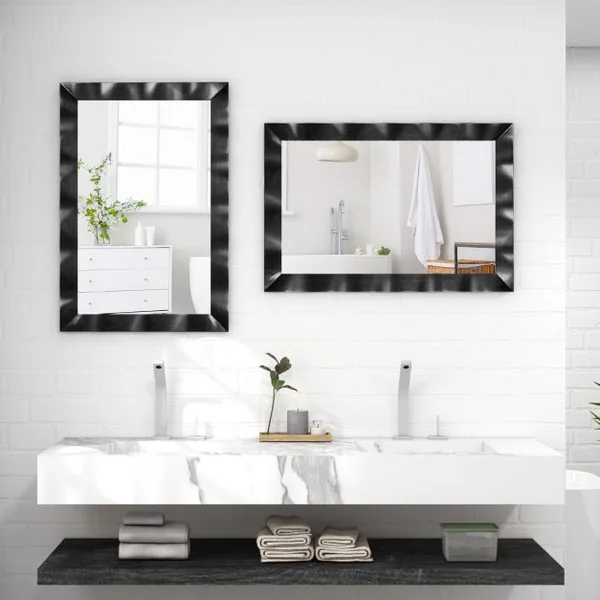 Miroir Mural 106x71,5CM Miroir en Bois de Caoutchouc Style Rustique avec Cadre en Bois Massif Miroir Rectangulaire de Vanité Blanc/Noir