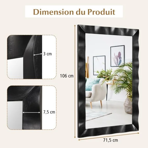 Miroir Mural 106x71,5CM Miroir en Bois de Caoutchouc Style Rustique avec Cadre en Bois Massif Miroir Rectangulaire de Vanité Blanc/Noir