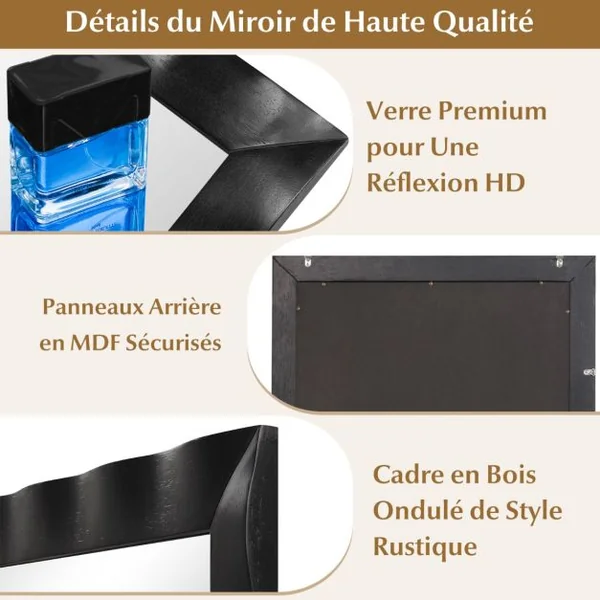 Miroir Mural 106x71,5CM Miroir en Bois de Caoutchouc Style Rustique avec Cadre en Bois Massif Miroir Rectangulaire de Vanité Blanc/Noir