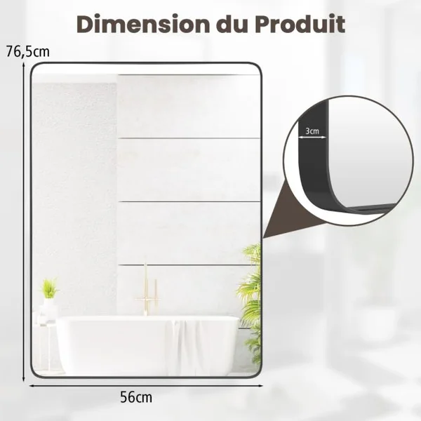 Miroir Mural 76,5x56cm pour Salle de Bain Miroir Mural de Courtoisie Rectangulaire Cadre en Métal Robuste Noir (Horizontal/Vertical)