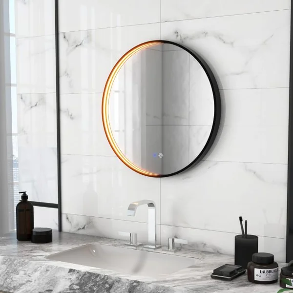 Miroir Mural Antibuée à Intensité Variable Miroir Rond 60 x 60 cm 3 Couleurs Fonction Mémoire Noir