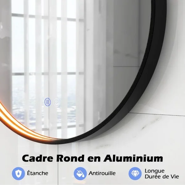 Miroir Mural Antibuée à Intensité Variable Miroir Rond 60 x 60 cm 3 Couleurs Fonction Mémoire Noir