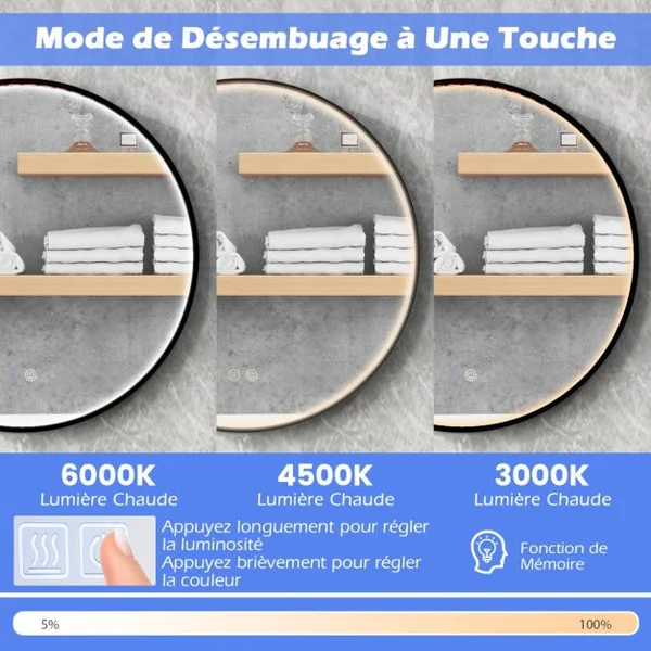 Miroir Mural Antibuée à Intensité Variable Miroir Rond 60 x 60 cm 3 Couleurs Fonction Mémoire Noir
