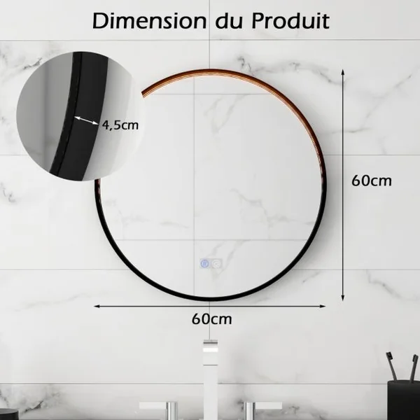 Miroir Mural Antibuée à Intensité Variable Miroir Rond 60 x 60 cm 3 Couleurs Fonction Mémoire Noir