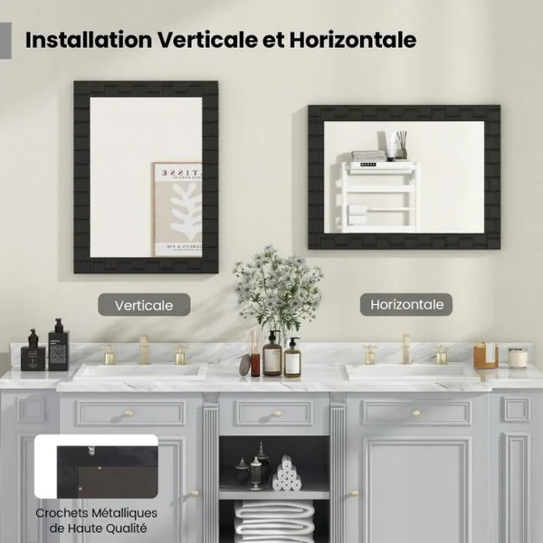 Miroir Mural avec Cadre en Bois 80x60CM Miroir Moderne avec Cadre Solide Suspension Verticale & Horizontale Miroir Rectangulaire Noir