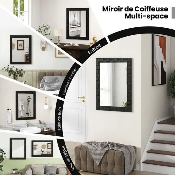 Miroir Mural avec Cadre en Bois 80x60CM Miroir Moderne avec Cadre Solide Suspension Verticale & Horizontale Miroir Rectangulaire Noir