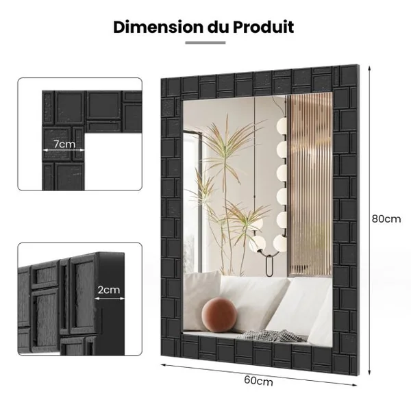 Miroir Mural avec Cadre en Bois 80x60CM Miroir Moderne avec Cadre Solide Suspension Verticale & Horizontale Miroir Rectangulaire Noir