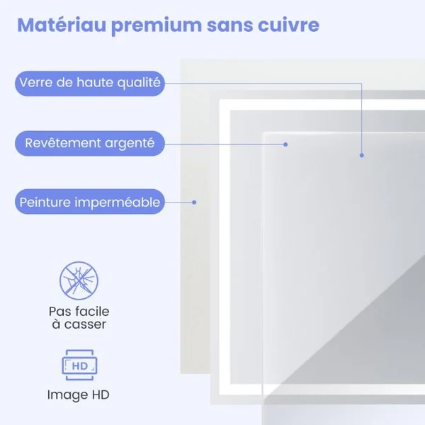 Miroir Mural Carré à LED et Fonction Anti-buée Miroir de Courtoisie Étanche avec 3 Couleurs 72 Lumières Écran Tactile Miroir de Maquillage Argent