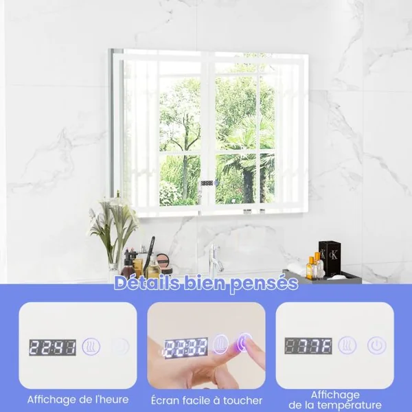 Miroir Mural Carré à LED et Fonction Anti-buée Miroir de Courtoisie Étanche avec 3 Couleurs 72 Lumières Écran Tactile Miroir de Maquillage Argent