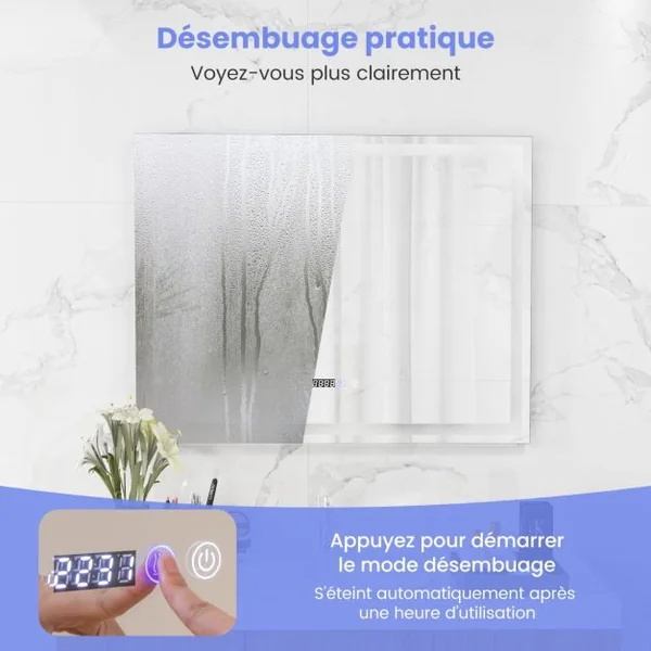 Miroir Mural Carré à LED et Fonction Anti-buée Miroir de Courtoisie Étanche avec 3 Couleurs 72 Lumières Écran Tactile Miroir de Maquillage Argent