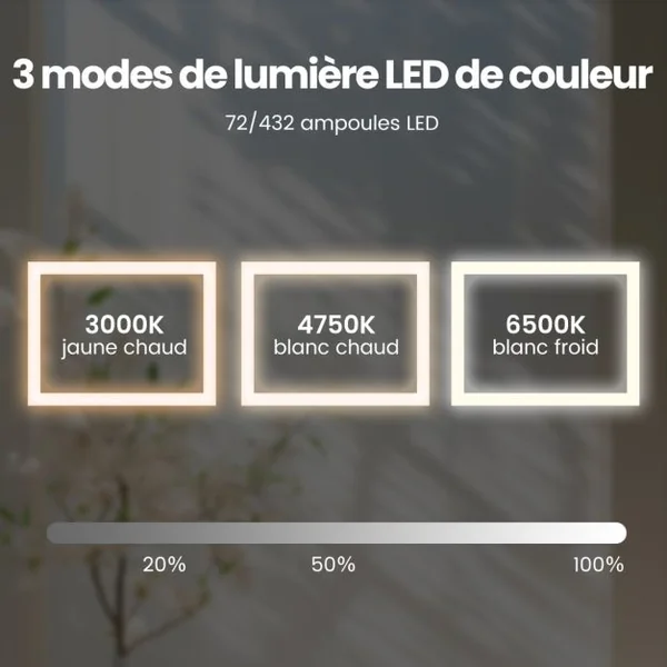 Miroir Mural Carré à LED et Fonction Anti-buée Miroir de Courtoisie Étanche avec 3 Couleurs 72 Lumières Écran Tactile Miroir de Maquillage Argent