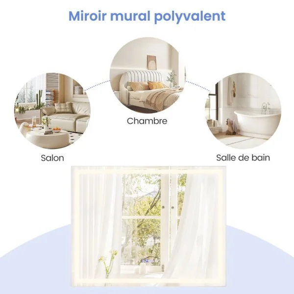 Miroir Mural Carré à LED et Fonction Anti-buée Miroir de Courtoisie Étanche avec 3 Couleurs 72 Lumières Écran Tactile Miroir de Maquillage Argent