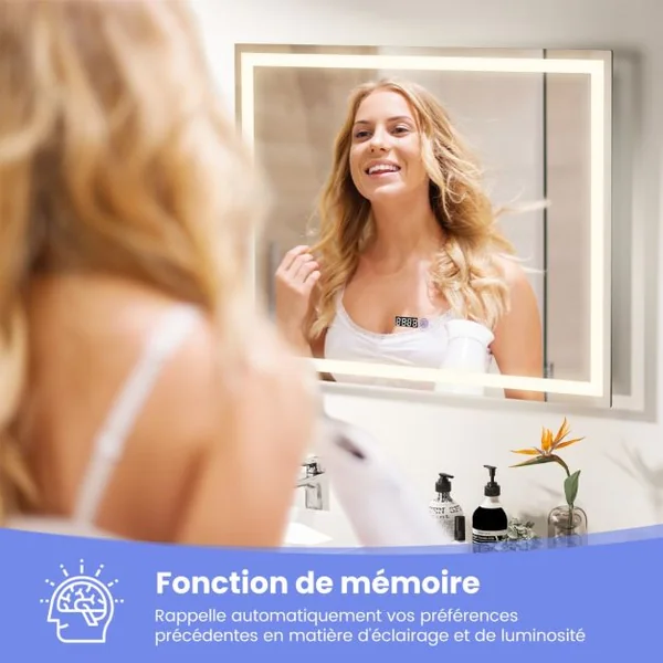 Miroir Mural Carré à LED et Fonction Anti-buée Miroir de Courtoisie Étanche avec 3 Couleurs 72 Lumières Écran Tactile Miroir de Maquillage Argent