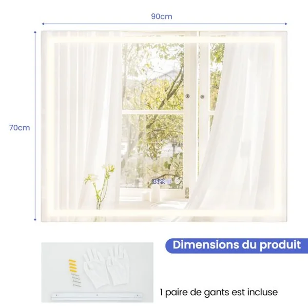 Miroir Mural Carré à LED et Fonction Anti-buée Miroir de Courtoisie Étanche avec 3 Couleurs 72 Lumières Écran Tactile Miroir de Maquillage Argent