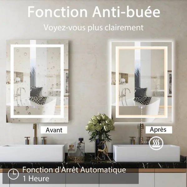 Miroir Mural de Salle de Bain 80 cm x 60 cm Miroir de Maquillage avec Lumière Colorée Antibuée