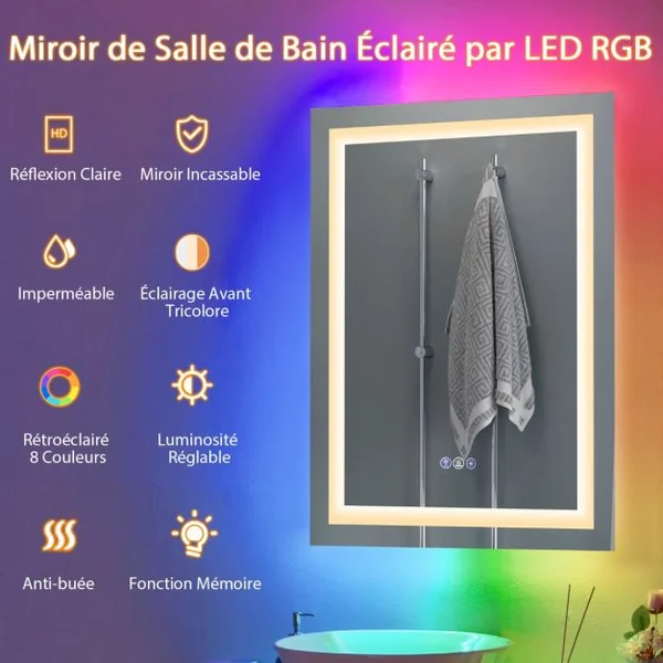 Miroir Mural de Salle de Bain 80 cm x 60 cm Miroir de Maquillage avec Lumière Colorée Antibuée