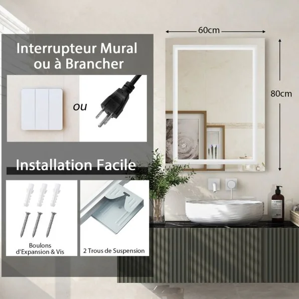 Miroir Mural de Salle de Bain 80 cm x 60 cm Miroir de Maquillage avec Lumière Colorée Antibuée