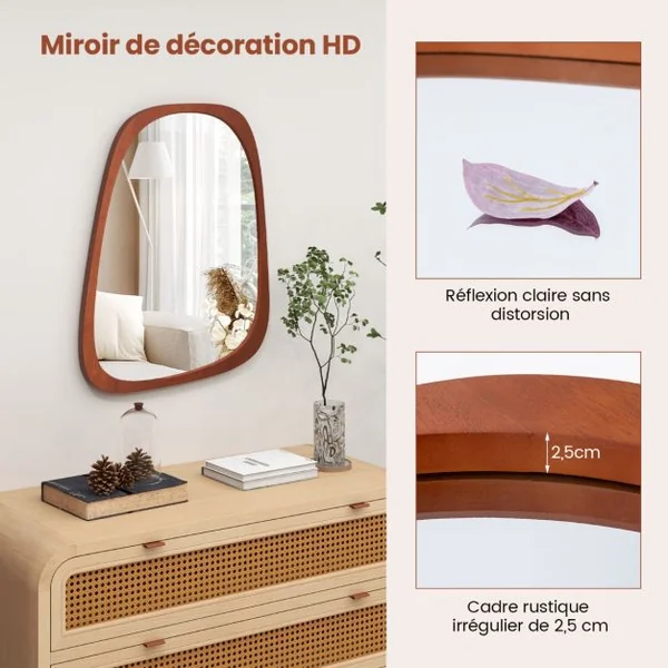 Miroir Mural Décoratif Asymétrique de 68 x 53,5 Cm avec Cadre Rustique Miroir Décoratif Hd de Forme Originale avec Vis d'Expansion pour Salon Naturel