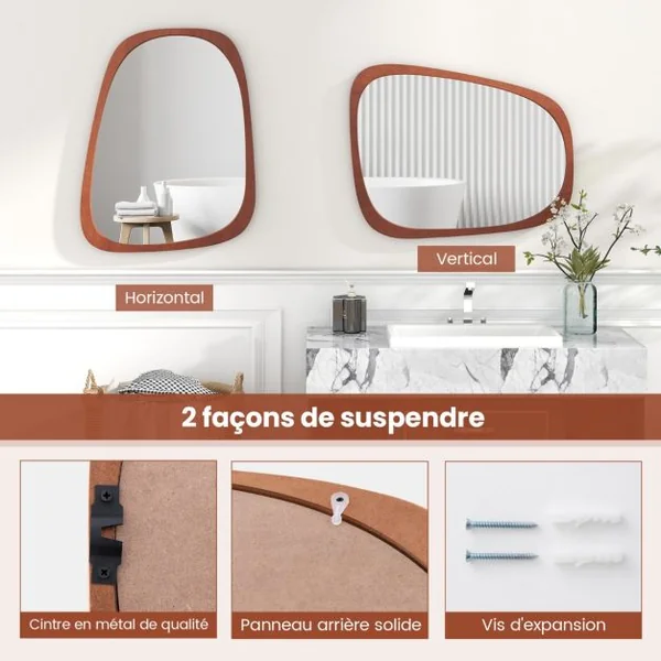 Miroir Mural Décoratif Asymétrique de 68 x 53,5 Cm avec Cadre Rustique Miroir Décoratif Hd de Forme Originale avec Vis d'Expansion pour Salon Naturel