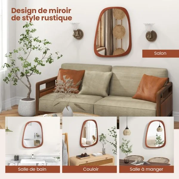 Miroir Mural Décoratif Asymétrique de 68 x 53,5 Cm avec Cadre Rustique Miroir Décoratif Hd de Forme Originale avec Vis d'Expansion pour Salon Naturel