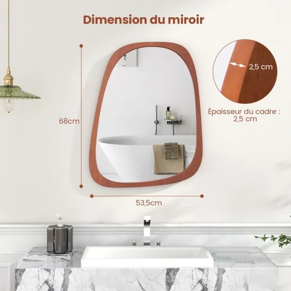Miroir Mural Décoratif Asymétrique de 68 x 53,5 Cm avec Cadre Rustique Miroir Décoratif Hd de Forme Originale avec Vis d'Expansion pour Salon Naturel