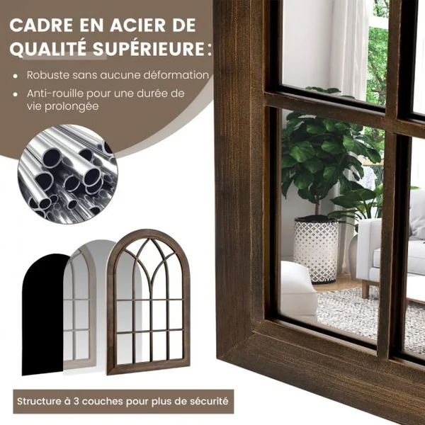 Miroir Mural Décoratif - Cadre en Métal Verrière - Arche Design pour Salon Chambre Entrée 76 x 50 X 3,5 CM Marron Rustique