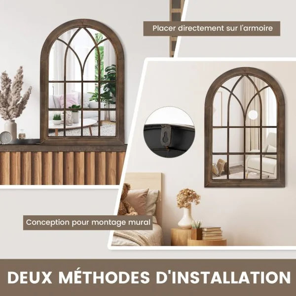 Miroir Mural Décoratif - Cadre en Métal Verrière - Arche Design pour Salon Chambre Entrée 76 x 50 X 3,5 CM Marron Rustique
