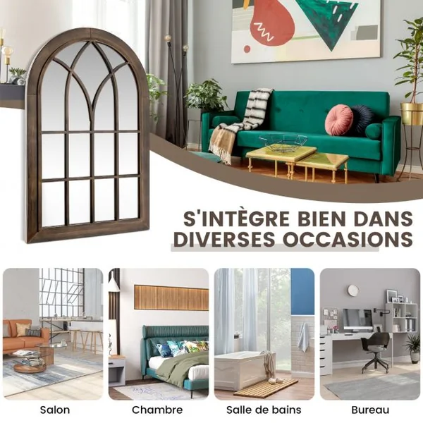 Miroir Mural Décoratif - Cadre en Métal Verrière - Arche Design pour Salon Chambre Entrée 76 x 50 X 3,5 CM Marron Rustique
