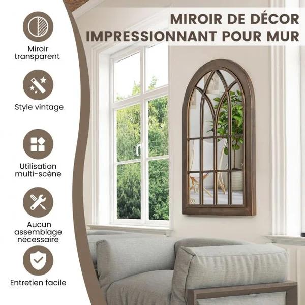Miroir Mural Décoratif - Cadre en Métal Verrière - Arche Design pour Salon Chambre Entrée 76 x 50 X 3,5 CM Marron Rustique