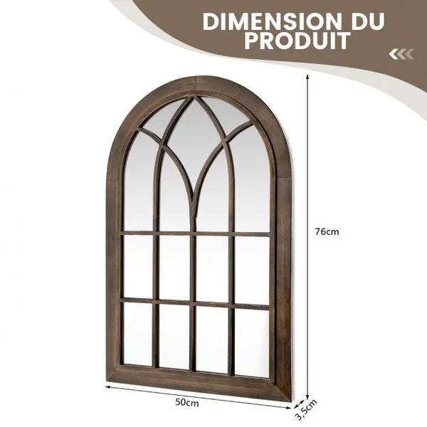 Miroir Mural Décoratif - Cadre en Métal Verrière - Arche Design pour Salon Chambre Entrée 76 x 50 X 3,5 CM Marron Rustique