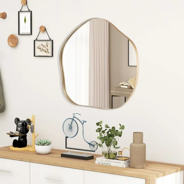 Miroir Mural Irrégulier 75,5 x 70 Cm Miroir Asymétrique avec Cadre en Métal avec Vis d'Expansion Miroir de Courtoisie Décoratif pour Salon Or