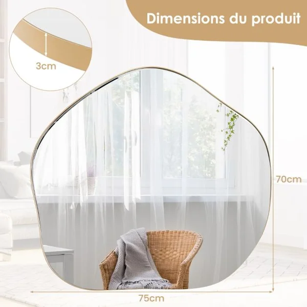 Miroir Mural Irrégulier 75,5 x 70 Cm Miroir Asymétrique avec Cadre en Métal avec Vis d'Expansion Miroir de Courtoisie Décoratif pour Salon Or