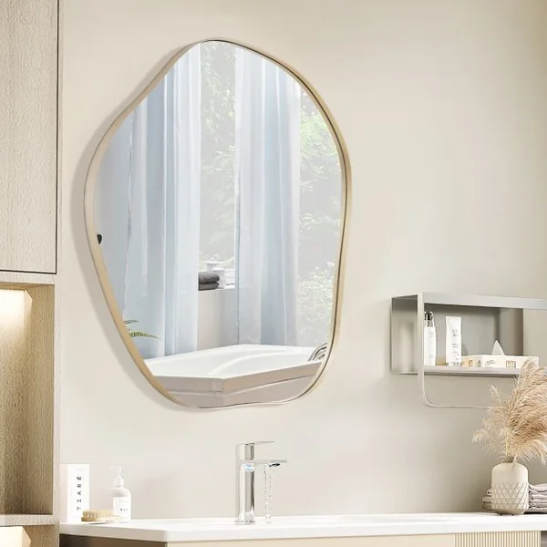 Miroir Mural Irrégulier 75,5 x 70 Cm Miroir Asymétrique avec Cadre en Métal avec Vis d'Expansion Miroir de Courtoisie Décoratif pour Salon Or