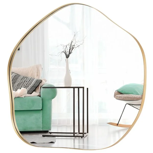 Miroir Mural Irrégulier 75,5 x 70 Cm Miroir Asymétrique avec Cadre en Métal avec Vis d'Expansion Miroir de Courtoisie Décoratif pour Salon Or