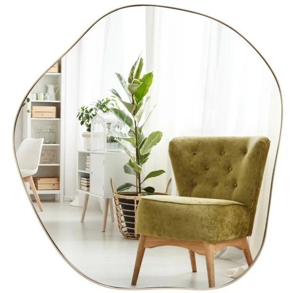 Miroir Mural Irrégulier 75,5 x 70 Cm Miroir Asymétrique avec Cadre en Métal avec Vis d'Expansion Miroir de Courtoisie Décoratif pour Salon Or