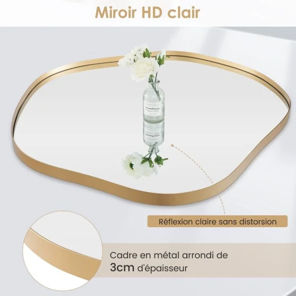 Miroir Mural Irrégulier 75,5 x 70 Cm Miroir Asymétrique avec Cadre en Métal avec Vis d'Expansion Miroir de Courtoisie Décoratif pour Salon Or