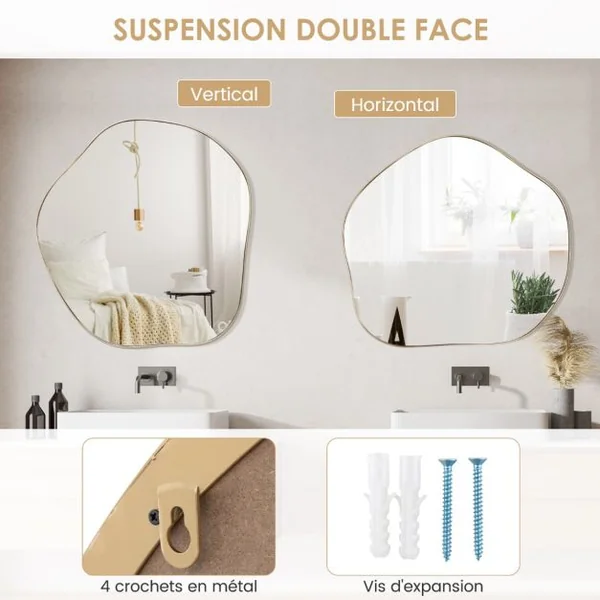 Miroir Mural Irrégulier 75,5 x 70 Cm Miroir Asymétrique avec Cadre en Métal avec Vis d'Expansion Miroir de Courtoisie Décoratif pour Salon Or