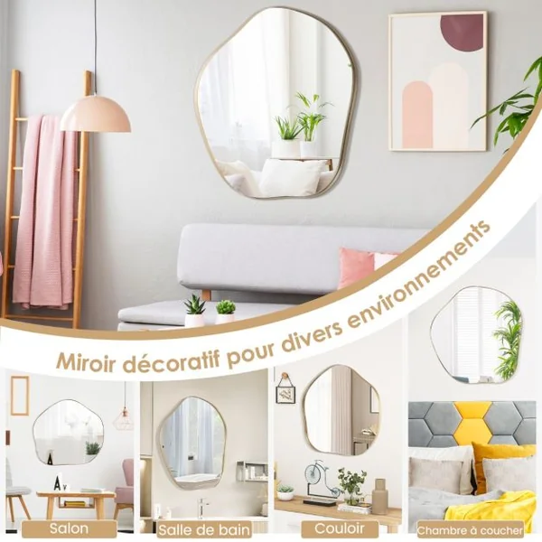 Miroir Mural Irrégulier 75,5 x 70 Cm Miroir Asymétrique avec Cadre en Métal avec Vis d'Expansion Miroir de Courtoisie Décoratif pour Salon Or