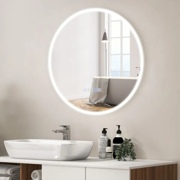 Miroir Mural LED 60Cm avec Luminosité Réglable avec Gradation 3000-6000K Mémoire Miroir Interrupteur Tactile&Affichage pour le Temps Argent