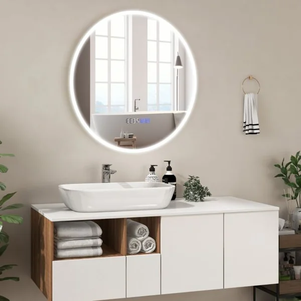 Miroir Mural LED 60Cm avec Luminosité Réglable avec Gradation 3000-6000K Mémoire Miroir Interrupteur Tactile&Affichage pour le Temps Argent