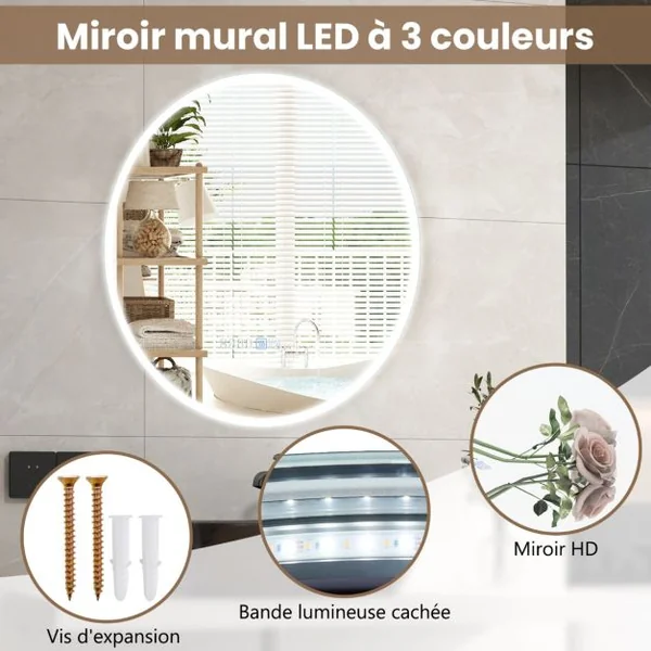 Miroir Mural LED 60Cm avec Luminosité Réglable avec Gradation 3000-6000K Mémoire Miroir Interrupteur Tactile&Affichage pour le Temps Argent