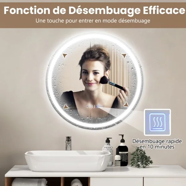 Miroir Mural LED 60Cm avec Luminosité Réglable avec Gradation 3000-6000K Mémoire Miroir Interrupteur Tactile&Affichage pour le Temps Argent