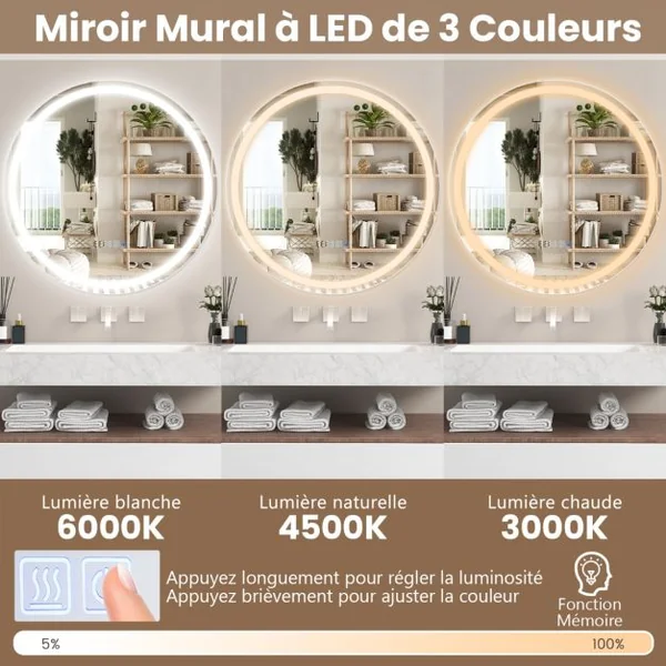 Miroir Mural LED 60Cm avec Luminosité Réglable avec Gradation 3000-6000K Mémoire Miroir Interrupteur Tactile&Affichage pour le Temps Argent