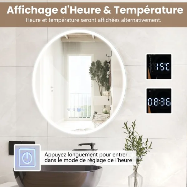 Miroir Mural LED 60Cm avec Luminosité Réglable avec Gradation 3000-6000K Mémoire Miroir Interrupteur Tactile&Affichage pour le Temps Argent
