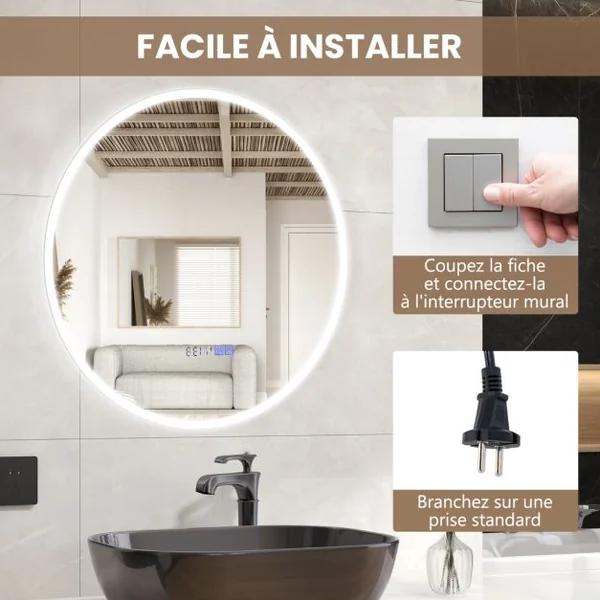 Miroir Mural LED 60Cm avec Luminosité Réglable avec Gradation 3000-6000K Mémoire Miroir Interrupteur Tactile&Affichage pour le Temps Argent